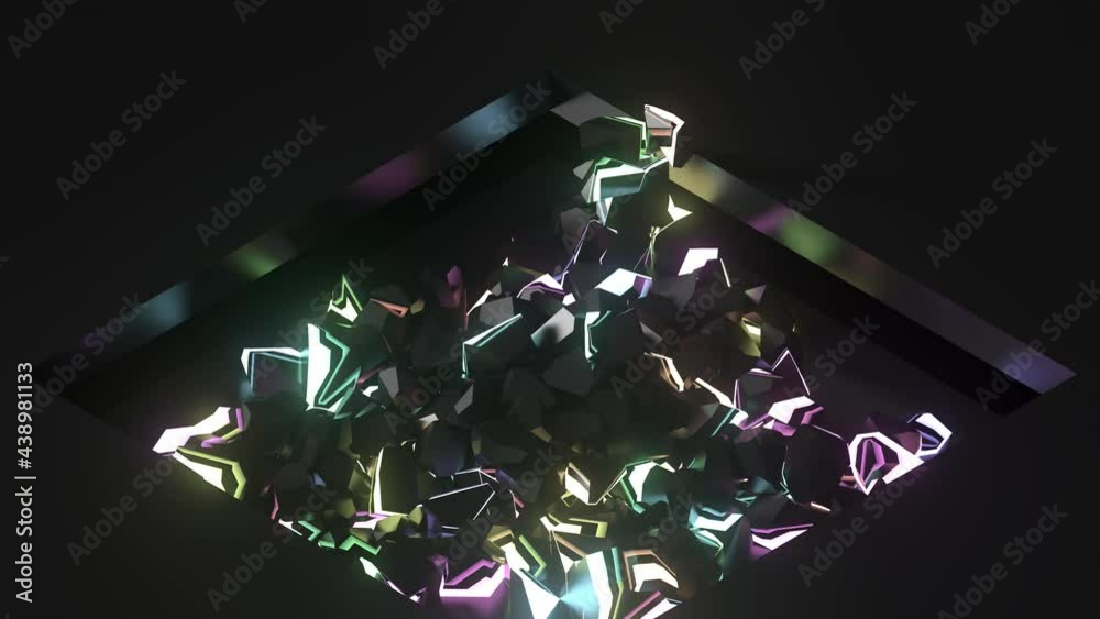 Poster 3d loop render of press that crushes geometry with illunimation inside. cube shape destroy.