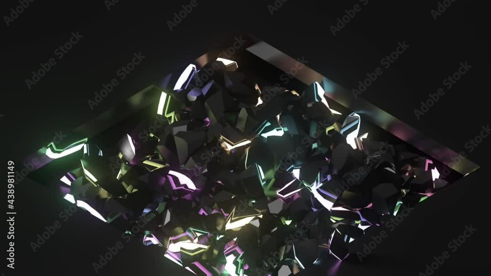 Poster 3d loop render of press that crushes geometry with illunimation inside. sphere shape destroy.