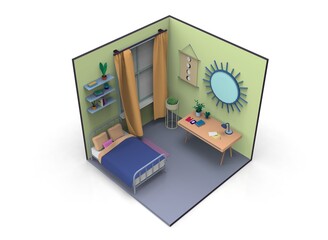 Low poly cartoon room interiors 3d-illustration 3d-rendering