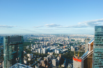 Top view of Moscow city skyscrapers. View from the highest observation platform in Europe. Photography from a height of 354 meters.