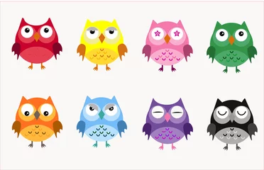 Fotobehang Eight colorful owls on a white background, © Somprasong
