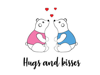 Two cute polar bears in love. Romantic illustration for a card, poster, invitation design, banner. Vector concept for Valentine's Day, Kisses and Hugs Day.