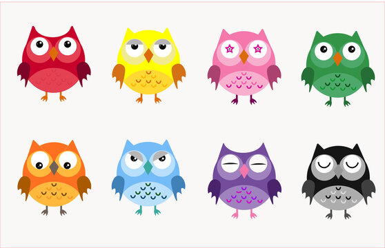 Eight colorful owls on a white background,