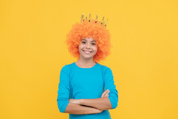 happy teen girl in fancy clown wig wear queen crown, ego