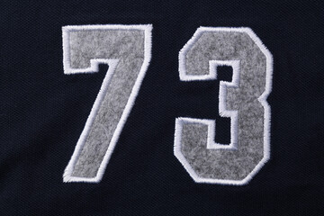 Numbers seven 7 and three 3 in fabric on a blue T-shirt. 