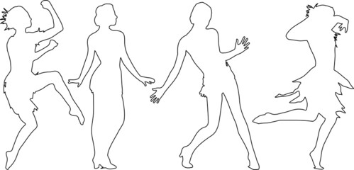 Set of little girls dancing and wearing dress, in various poses, cartoon character, people, business, group, vector silhouette, flat design icon, silhouette black color, isolated on white background