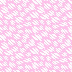 Seamless abstract pattern with small white floral elements on light pink background. For textile, package design.