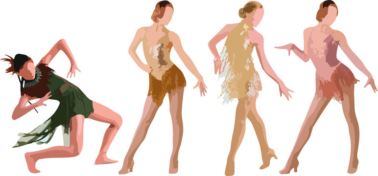 Set of dancing women standing and wearing dress, in various poses, cartoon character, people, business, group, vector silhouette, flat design icon, black color, isolated on white background 