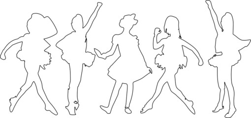 Set of little girls standing and wearing dress, in various poses, cartoon character, people, business, group, vector silhouette, flat design icon, silhouette black color, isolated on white background