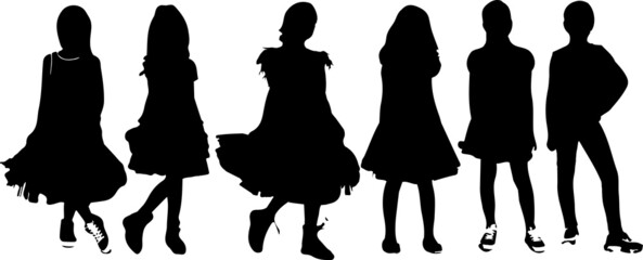 Set of little girls standing and wearing dress, in various poses, cartoon character, people, business, group, vector silhouette, flat design icon, silhouette black color, isolated on white background