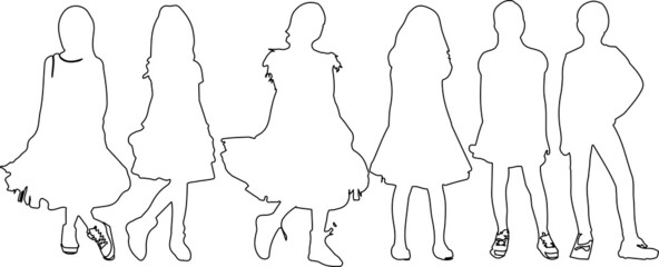 Set of little girls standing and wearing dress, in various poses, cartoon character, people, business, group, vector silhouette, flat design icon, silhouette black color, isolated on white background