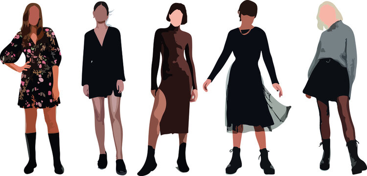 Set of women standing and wearing dress, in various poses, cartoon character, people, business, group, vector silhouette, flat design icon, different colors, isolated on white background 