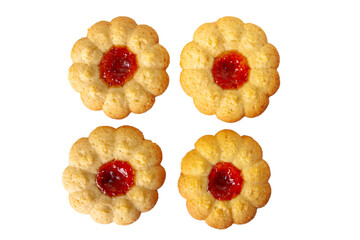 figure vanilla cookie with berry jam, top view homemade cakes
