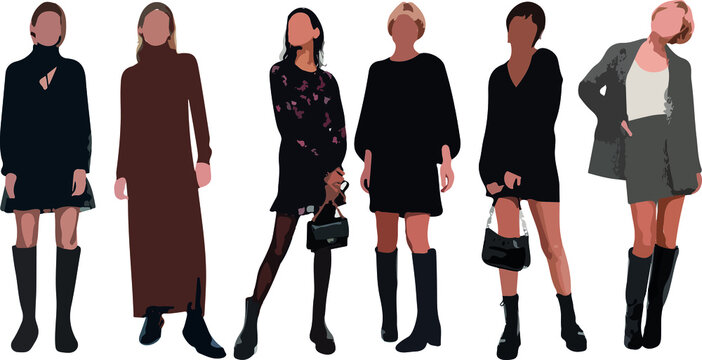 Set of women standing and wearing dress, in various poses, cartoon character, people, business, group, vector silhouette, flat design icon, different colors, isolated on white background 