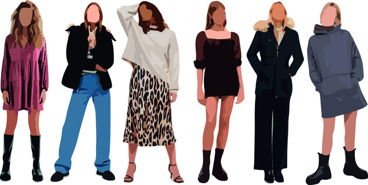 Set of women standing and wearing dress, in various poses, cartoon character, people, business, group, vector silhouette, flat design icon, different colors, isolated on white background 