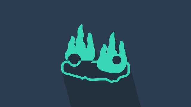 Turquoise Burning car icon isolated on blue background. Car on fire. Broken auto covered with fire and smoke. 4K Video motion graphic animation