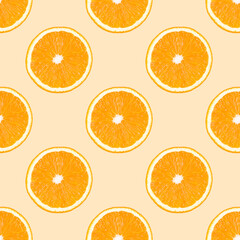 Seamless pattern made from orange fruit slices on beige background.