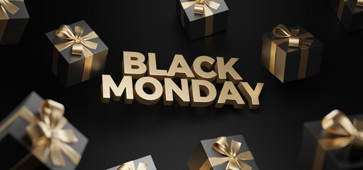 Black Monday Super Sale. Realistic black gifts boxes. Black week pattern with black gift box. Dark background golden text lettering. Horizontal banner, poster, header website.	
