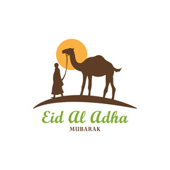 camel with people silhouette islamic element design, golden sun, minimal logo, eid al adha ornamental, religion vector graphic