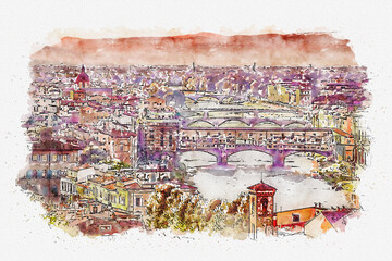 Watercolor drawing of bridge in town. Citiscape illustration.