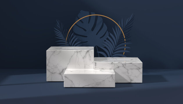 Marbel Podium For Product Showcase. White Marble Product Display. Natural Light Copy Space. Minimal Abstract Cosmetic Background For Product Presentation. Marble Pedestal Showcase On Blue Background..