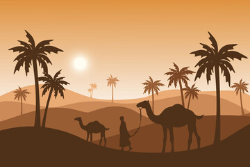 camel and people silhouete background, islamic illustration wallpaper, eid al adha holiday, beautiful sunlight landscape, palm tree, sand desert, vector graphic - obrazy, fototapety, plakaty