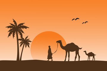 Fototapeta na wymiar person leading the camel, islamic background illustration wallpaper, eid al adha holiday, beautiful silhouette landscape, sand desert, golden sunlight, vector graphic