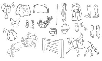 Big set of equipment for the rider and ammunition for the horse rider on horse illustration in line style coloring books