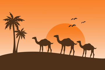 Fototapeta na wymiar beautiful silhouette camel with palm tree, islamic background illustration wallpaper, eid al adha holiday, landscape sand desert, golden sunlight, vector graphic