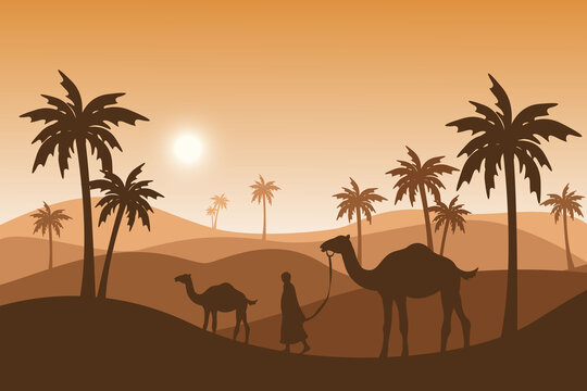 camel and people silhouete background, islamic illustration wallpaper, eid al adha holiday, beautiful sunlight landscape, palm tree, sand desert, vector graphic