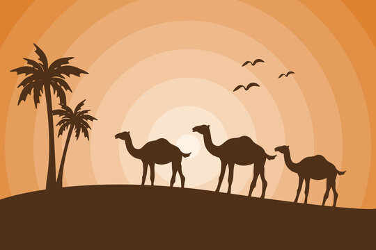 beautiful silhouette camel with palm tree, islamic background illustration wallpaper, eid al adha holiday,  landscape sand desert, sunlight, vector graphic