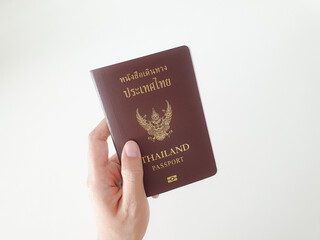 Image of persons hand holding passport on white background.