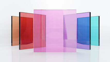 3d rendering illustration, Colorful glass square sheet align in center on white background. image for presentation.