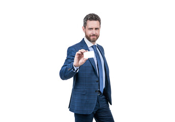 businessman man in suit showing credit or business card for copy space isolated on white, business.