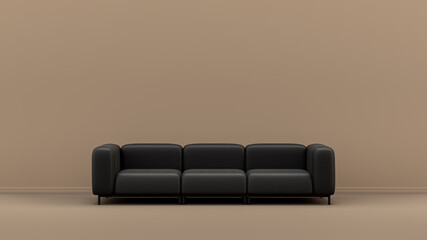 Interior room with monochrome black and glossy leather single sofa in tan, sienna brown color room, single color furniture, 3d Rendering