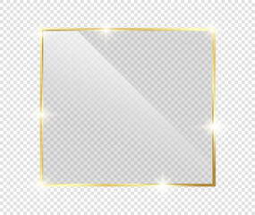 Gold shiny glowing frame with shadows isolated on transparent background. Golden luxury vintage realistic rectangle border. illustration - Vector