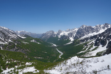 Mountain landscape in the remote village of Theth, hiking path from theth to valbona