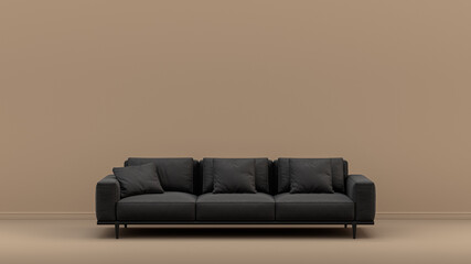 Interior room with monochrome black and glossy leather single sofa in tan, sienna brown color room, single color furniture, 3d Rendering