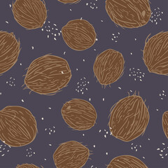 Vector seamless pattern with coconuts and shredded coconut. Design on dark background.
