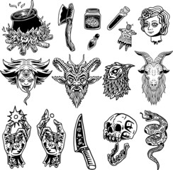 Witchcraft vector icon illustration element, knife, snake, demon, doll head, witch, axe, potions, poison, voodoo, chicken, skull, hands, rituals.