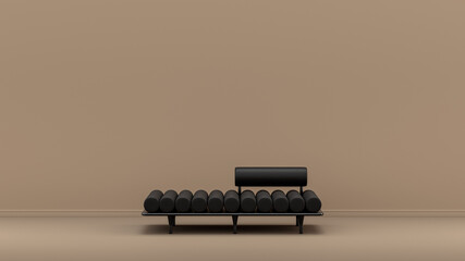 Interior room with monochrome black and glossy leather single couch in tan, sienna brown color room, single color furniture, 3d Rendering