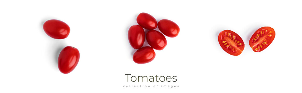 Fresh cherry tomatoes with water drops on a white background.