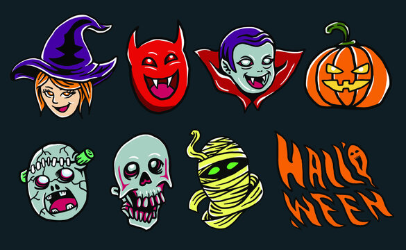 Halloween Character icon, Dracula, Devil, Pumpkin, Witch, Frankenstein, Mummy, Skull, and Halloween typography