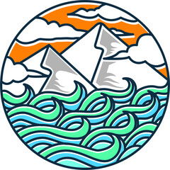 Mountain and sea logo vector illustration with blue grey and orange color and white base background