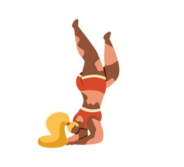 A young woman with vitiligo in a red tank top and shorts tumbles or works out.