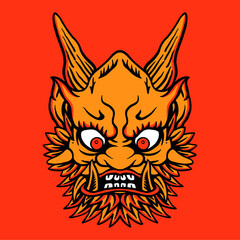 Japanese demon mythology god creature head with horn and sharp teeth, yellow colors and orange bavkgroun vector illustration icon