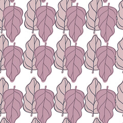 Purple contoured oak leaves seamless doodle pattern. White background. Vintage simple print.