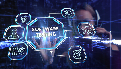 Inscription SOFTWARE TESTING on the virtual display. Business, modern technology, internet and networking concept.