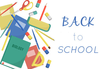 Back to school! Color vector illustrations for a poster, banner or card with objects: stationery, books, pen, ruler, globe, eraser. Concept for 1 September 