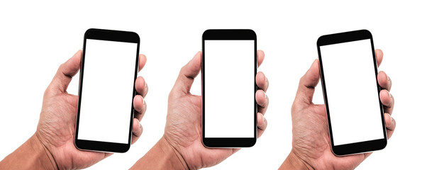 Hand holding, New version of black slim smartphone similar to iphone x with blank white screen from Apple generation 10 , Front mockup model similar to iPhonex , Background of digital economy.	